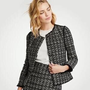 Ann Taylor Womens Jacket Sz 2 Black White Tweed Fringe Long Sleeve Office Blazer